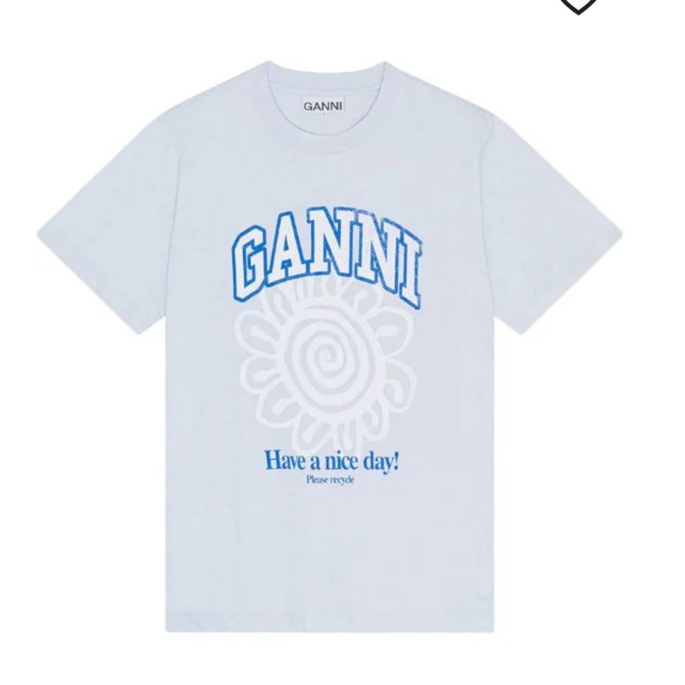 Ganni Small Relaxed Blue Flower Logo Printed Crewneck T-shirt Tee Top Size S